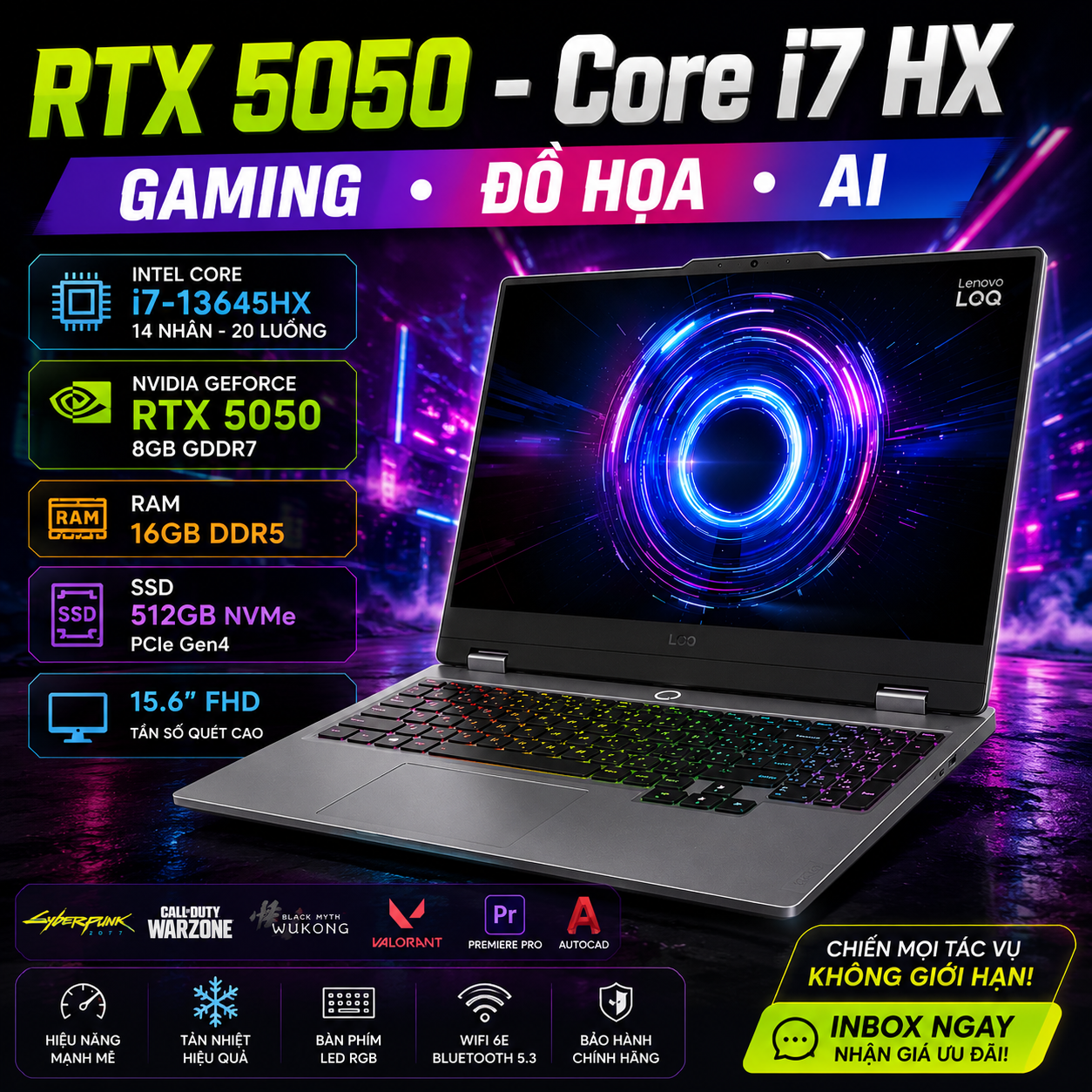 Lenovo Gaming LOQ 15IRX10, Core™ i7-13645HX,AI,RAM 16GB,SSD 512GB,15.6"FHD,RTX 5050 8GB